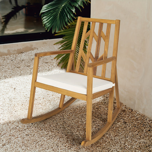 Elegant Acacia Wood Patio Rocking Chair with Cozy White Cushioned Seat, Armrests, and High Backrest - Sturdy, Safe Design for Garden or Deck Use, Outdoor Patio Furniture