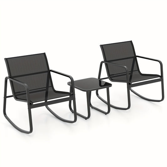 3pcs/set COSTWAY Patio Rocking Chairs Set - 2 Rocking Bistro Chairs & Glass-Top Table For Porch