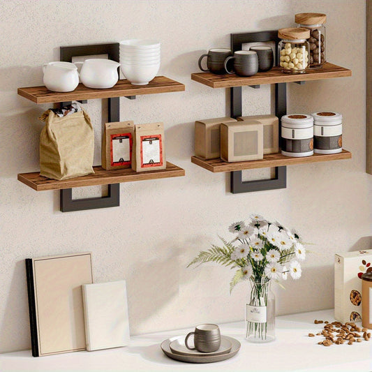 Set Of 2 Floating Shelves | 2 Tiers | Wall-Mounted Storage | For Bathroom, Living Room, Bedroom, And Kitchen