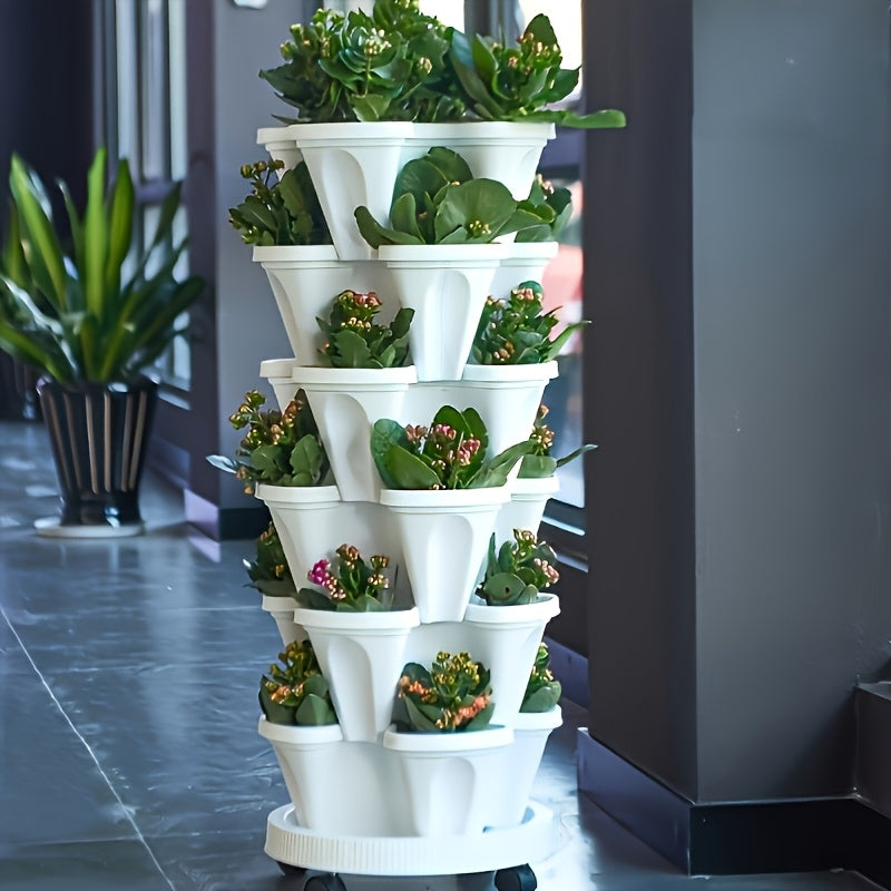16pcs 5-Tier Stackable Vertical Garden Pots With Wheels | Durable Plastic Indoor/Outdoor Planters For Flowers, Herbs, Strawberries, Vegetables | Includes Flower Pots, Drainage Nets & Disk, Extra Large Flower Pots, Mobile Flower Pots, Wheeled Planters