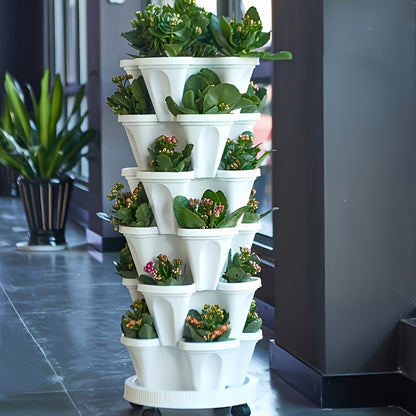 16pcs 5-Tier Stackable Vertical Garden Pots With Wheels | Durable Plastic Indoor/Outdoor Planters For Flowers, Herbs, Strawberries, Vegetables | Includes Flower Pots, Drainage Nets & Disk, Extra Large Flower Pots, Mobile Flower Pots, Wheeled Planters