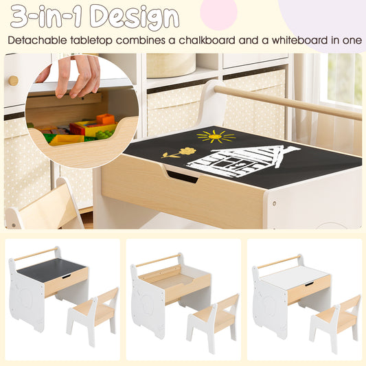 Kids Table and Chair Set, Wooden Activity Desk and Chair Set with 2in 1 Detachable Tabletop, Storage and Paper Roll Holder for Classroom, Home, Nursery and Playroom, Natural White