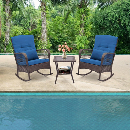 3pcs Patio Rocker Set, Outdoor Wicker Rocking Chairs w/ Double-Layer Coffee Table, Rattan Rocker Chair Set w/ Seat Back Cushions & Pillows, for Porch, Backyard, Poolside.