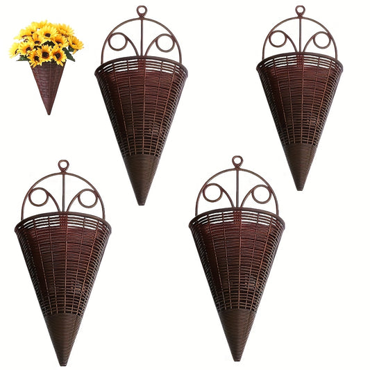 16pcs Rattan-Style Woven Wall Hanging Planters - Lightweight Plastic Cone-Shaped Flower Baskets with Decorative Metal Rings, Indoor/Outdoor Wall-Mounted Vases for Balcony, Garden & Patio Decor