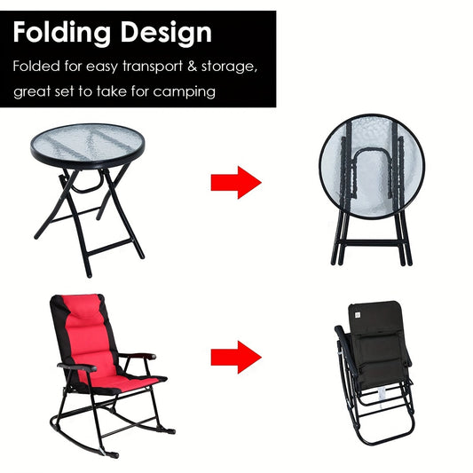 2pcs Rocking Chairs With Cushions & 1pc Glass Top Table, 3pcs Folding Bistro Set, Steel Garden Furniture In Red, Outdoor Patio Set, Space-Saving & Comfort Design, 42.0"x33.0"x27.0" Chairs, 19.0"x20.0" Table
