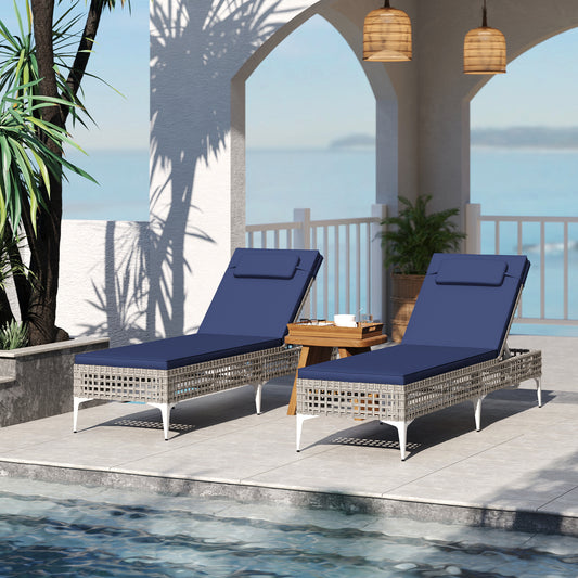 Patio Chaise Lounge Chair Set of 2, PE Wicker Reclining Sun Loungers with6-Level Adjustable Backrest, Removable Cushion & Headrest, Outdoor Lounge Chairs for Poolside, Deck, Backyard