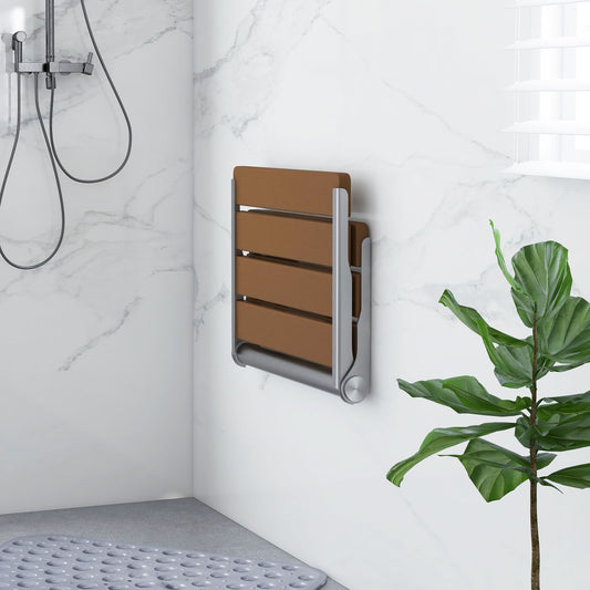 Space-Saving Folding Shower Bench - Sturdy Stainless Steel & HIPS, Wall-Mounted, Brown Wood Grain Design, Supports up to 330 lbs, Ideal for Seniors, Pregnant, Disabled with Easy Installation Kit, Shower Bench for Inside Shower