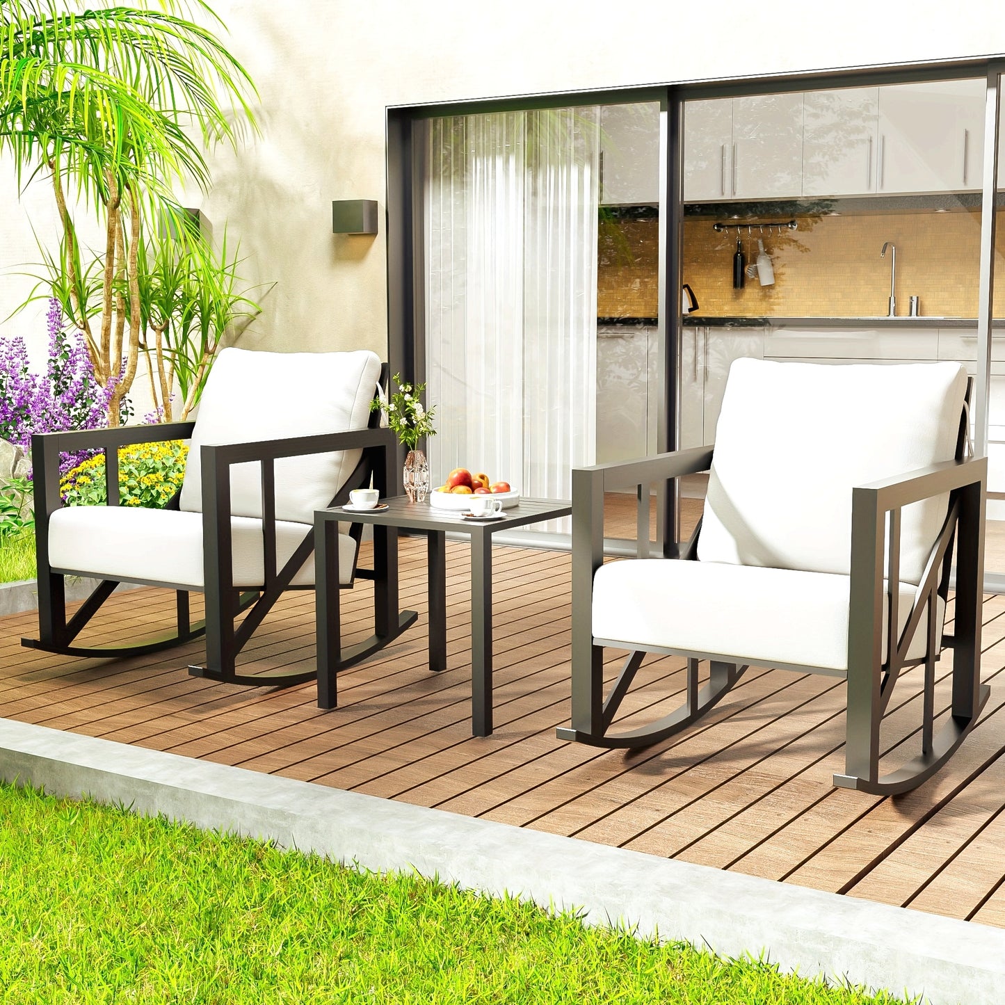 Patio Bistro Rocking Chair Set, 3pcs Outdoor Conversation Furniture Set with 2 Rockers And 1 Metal Coffee Table with Thick Cushions for Backyard, Porch, Poolside, 300lbs