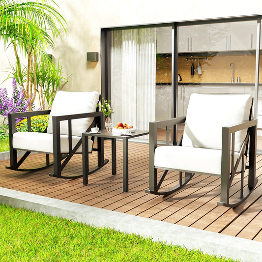 Patio Bistro Rocking Chair Set, 3pcs Outdoor Conversation Furniture Set with 2 Rockers And 1 Metal Coffee Table with Thick Cushions for Backyard, Porch, Poolside, 300lbs