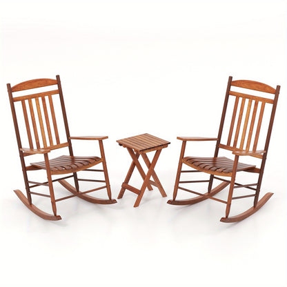 3pcs COSTWAY Outdoor Poplar Wood Rocking Bistro Set with Armrests, High Back Chairs & Folding Coffee Table - Ideal for Patio, Porch, Garden Relaxation, Outdoor Patio Furniture
