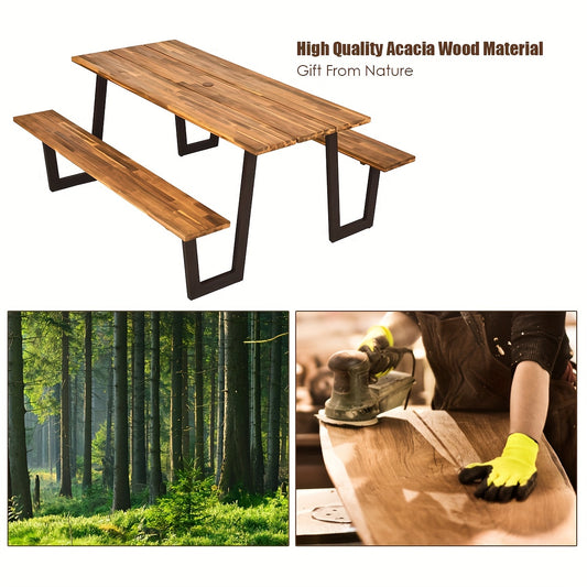 Picnic Table Bench Set Outdoor Camping Wooden 2 Benches w/Umbrella Hole Patented