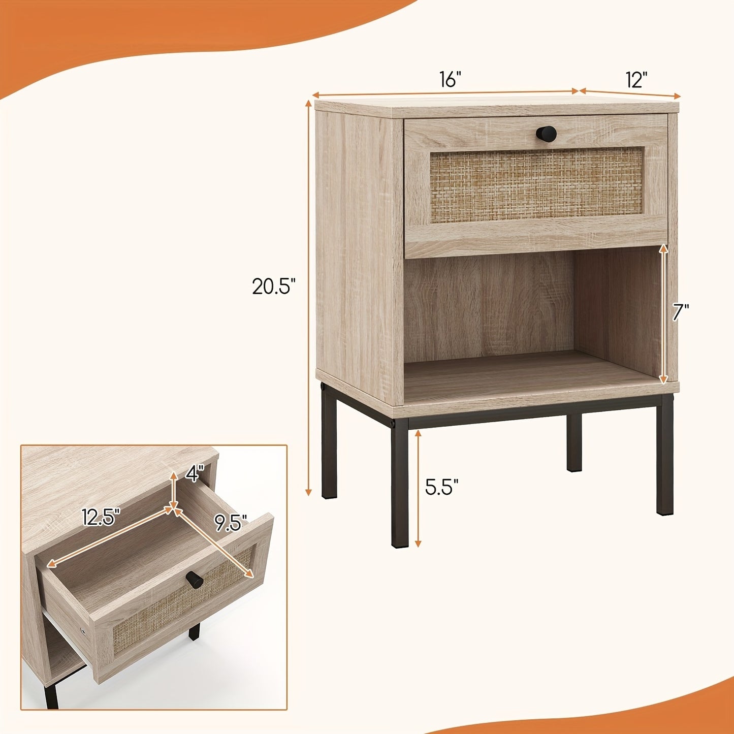[Boho Style] Rattan Nightstand | 2pcs | Rattan | with Drawer & Open Shelf | Living Room | Boho