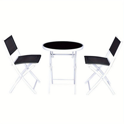 3pcs Elegant Folding Bistro Set with Black Tempered Glass Top - Durable Metal Frame & Textile Fiber Seats, Easy Clean - Ideal for Patio, Garden, Deck - No Assembly Required, Outdoor Patio Furniture