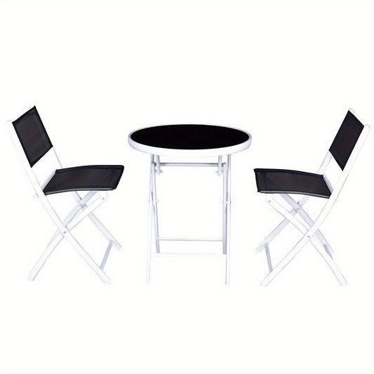 3pcs Elegant Folding Bistro Set with Black Tempered Glass Top - Durable Metal Frame & Textile Fiber Seats, Easy Clean - Ideal for Patio, Garden, Deck - No Assembly Required, Outdoor Patio Furniture