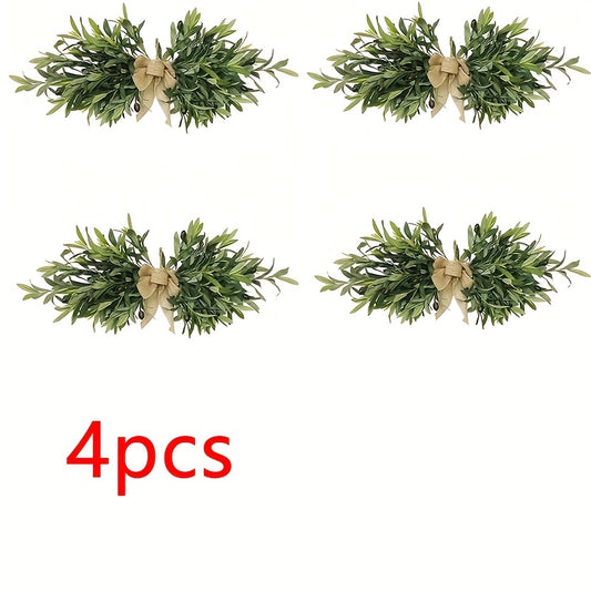 Artificial Olive Leaf Wreath with Country-Style Linen Bow - Plastic Green Plant Wall Decoration for Weddings, Christmas And June Festivals, Maintenance-Free Home Decoration, Farmhouse Door Wall Decoration, Holiday Embellishment