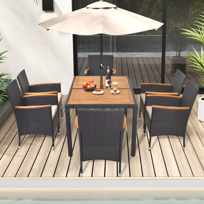 7pcs Outdoor Dining Set for 6 W/ Umbrella Hole Acacia Wood Tabletop Poolside