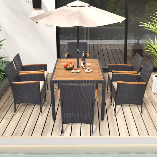 7pcs Outdoor Dining Set for 6 W/ Umbrella Hole Acacia Wood Tabletop Poolside
