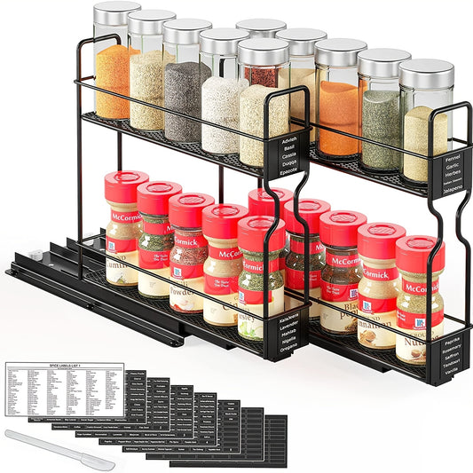 2pcs Spice Rack Organizer For Cabinets, Heavy Duty Slide Out Design With Labels, 5.2" W X 10.75" D X 10" H, No Jars