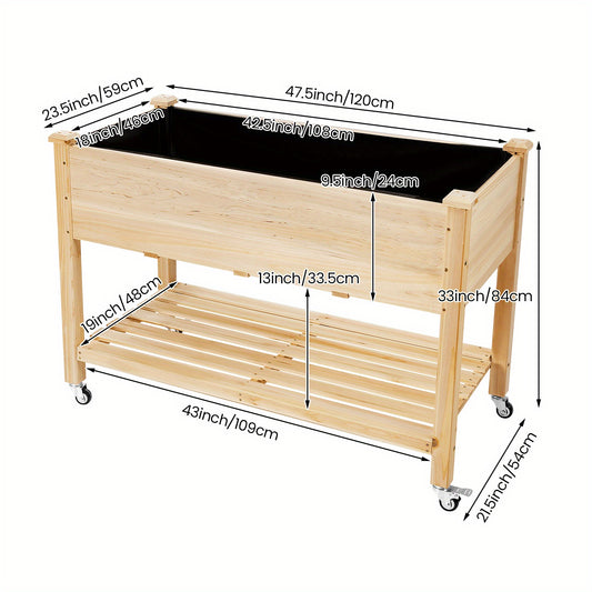Elevated Mobile Wooden Garden Bed on Lockable Wheels, Versatile Free-Standing Planter Box for Flowers, Ideal for Patio Spaces, Multi-Purpose Vegetable Bed with Integrated Storage Shelf, Natural