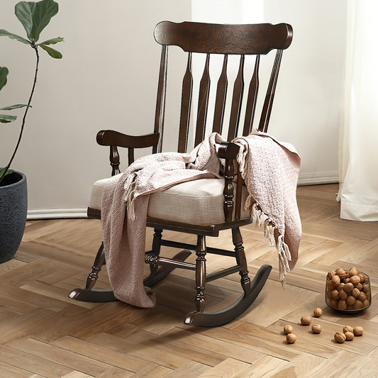 1pc Traditional Solid Wood Rocking Chair, Porch Rocker With Glossy Coffee Finish, Indoor/Outdoor Comfortable Seating, 300 Lbs Weight Capacity, 46.5" Height