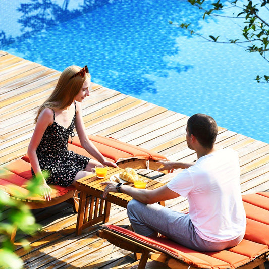 3pcs Wooden Folding Patio Lounge Chair Table Set, Red/White Cushion Pad Pool Deck