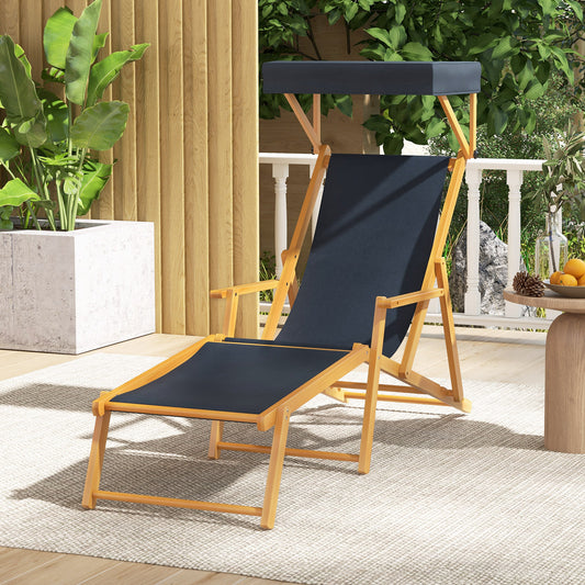 Birch Wood Chaise Lounge Chair, Foldable Beach Lounge Chair with Adjustable Canopy, Reclining Backrest and Footrest, Outdoor Camping Chair with Replacements for Patio, Poolside and Deck