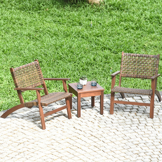 3pcs Outdoor Patio Rattan Furniture Set, Solid Wood Frame Chair And Coffee Table