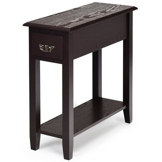 2-Tier COSTWAY Side Table - Storage Drawer, Lower Shelf, Easy Assembly, Sturdy Rubber Wood Legs for Small Spaces (Bedroom, Living Room, Entryway)