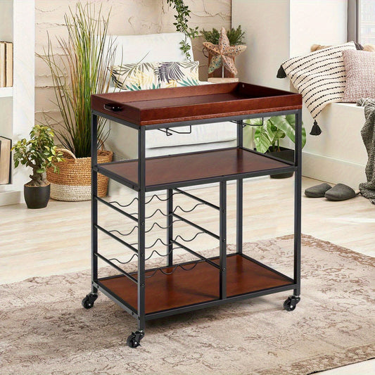 3 Tier Rustic Bar Cart, Industrial Rolling Bar Cart with Wine Racks & Glass Holders, Lockable Wheels, Wooden Mobile Beverage and Drink Carts with Metal Frame, for Home Kitchen, Rustic Brown