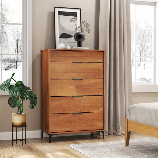 5-Drawer Dresser Mid-Century Modern Freestanding Chest with Sturdy Metal Legs & Interlock System, Cherry Finish Engineered Wood & MDF Organizer for Bedroom, Living Room, Hallway - Easy Assembly, Adjustable Feet, Anti-Tip Design