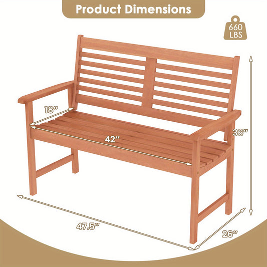 Outdoor 2-Seat Patio Loveseat Bench with Inclined Backrest & Slatted Seat - Solid Hardwood Armchair, Weather-Resistant Teak Finish, No Electricity Needed for Backyard, Poolside, Front Porch, Outdoor Furniture, Poolside Seating