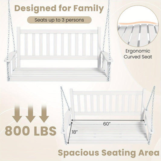 [Heavy Duty Porch Swing] 3-Person Heavy Duty White Wooden Porch Swing - Adjustable Height, Solid Poplar Wood, Galvanized Metal Chains, Slatted Backrest & Curved Seat - Ideal for Patio, Garden, Backyard
