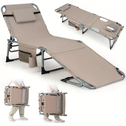 Heavy-Duty Outdoor Folding Chaise Lounge Chair - 5-Position Adjustable Backrest & Footrest, Portable Folding design with Face Hole & Armrests, Oxford Fabric & Aluminum Frame - for Pool, Beach, Patio, Camping - Supports 400 lbs