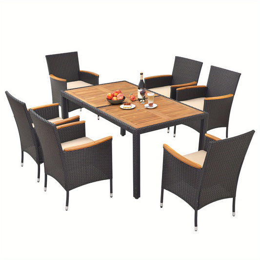 7pcs Outdoor Dining Set for 6 W/ Umbrella Hole Acacia Wood Tabletop Poolside