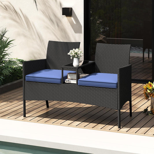 2-Seat Patio Loveseat with Built-in Table, Wicker Design, Soft Cushions & Tempered Glass Top, Metal Frame Outdoor Bench for Backyard, Porch - Modern Mixed Colors, Patio Furniture, Outdoor Seating, Natural Texture, Durable Material, Patio Seating