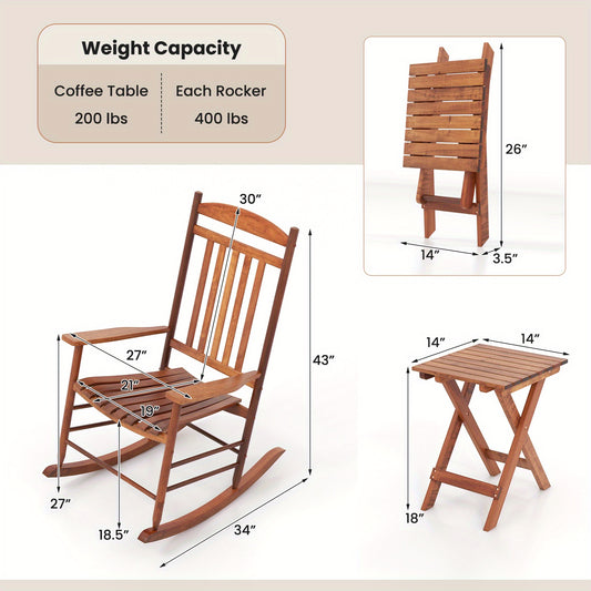 3pcs COSTWAY Outdoor Poplar Wood Rocking Bistro Set with Armrests, High Back Chairs & Folding Coffee Table - Ideal for Patio, Porch, Garden Relaxation, Outdoor Patio Furniture