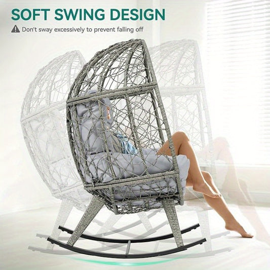 Outdoor Rocking Egg Chair with Cushion, PE Rattan Patio Rocker 250lb Capacity, Anti- Slip, Rocking Patio Chair
