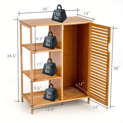 Bathroom Cabinet Bamboo Storage Floor Cabinet w/ Single Door & 3 Open Shelves