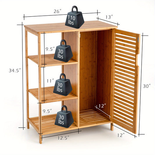 Bathroom Cabinet Bamboo Storage Floor Cabinet w/ Single Door & 3 Open Shelves