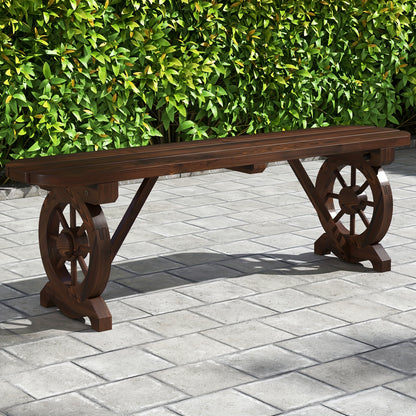 Patio Wood Bench, Outdoor Rustic Wagon Wheel Bench, 2-Person Wooden Outdoor Bench For Patio, Garden, Porch, Park, 710 Lbs Weight Capacity, Brown