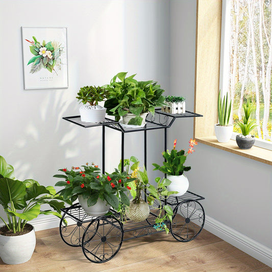 Metal Garden Cart Stand, Flower Rack Display Decor Flower Pot Plant Holder, 6 Tiers Flower Pot Display Rack Perfect for Home, Garden, Patio, Heavy Duty Freestanding Outdoor/Indoor Garden Shelf Black