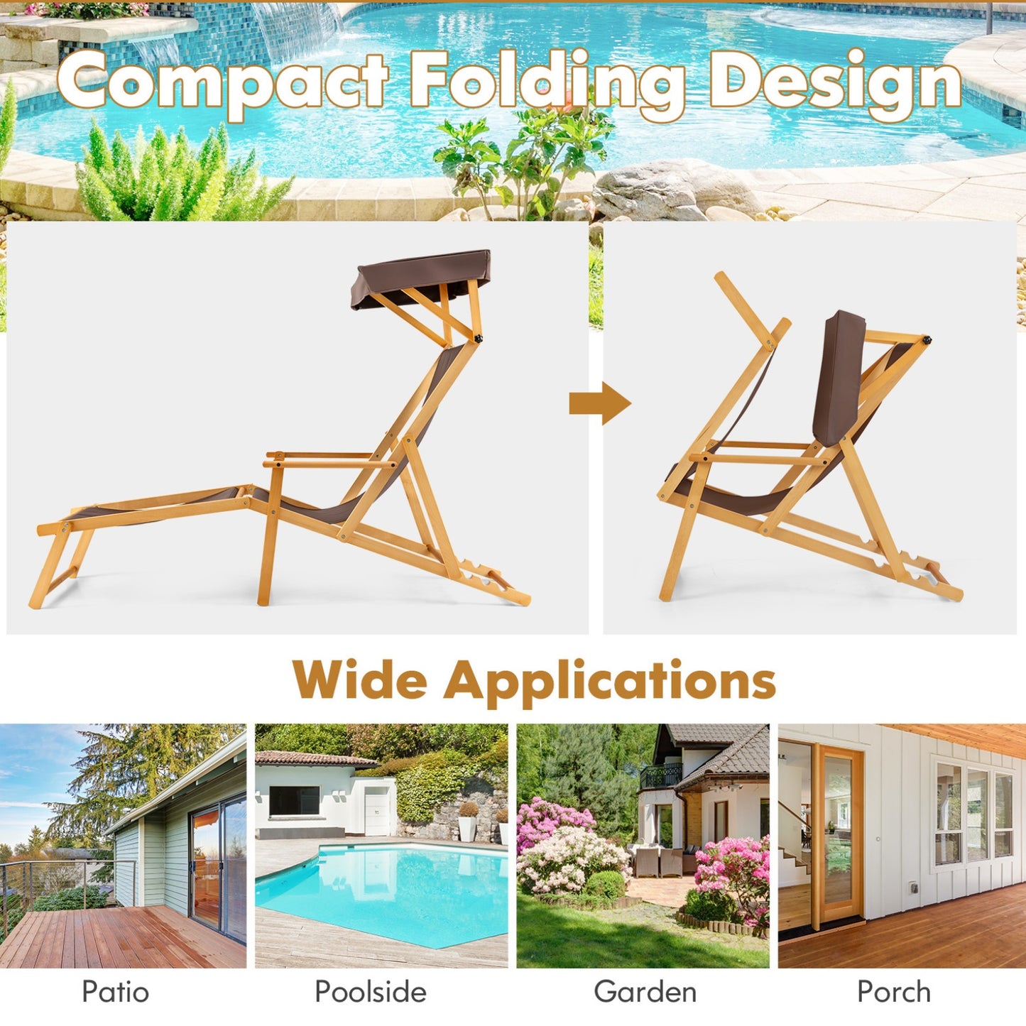 Birch Wood Chaise Lounge Chair, Foldable Beach Lounge Chair with Adjustable Canopy, Reclining Backrest and Footrest, Outdoor Camping Chair with Replacements for Patio, Poolside and Deck