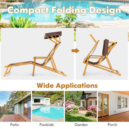 Birch Wood Chaise Lounge Chair, Foldable Beach Lounge Chair with Adjustable Canopy, Reclining Backrest and Footrest, Outdoor Camping Chair with Replacements for Patio, Poolside and Deck