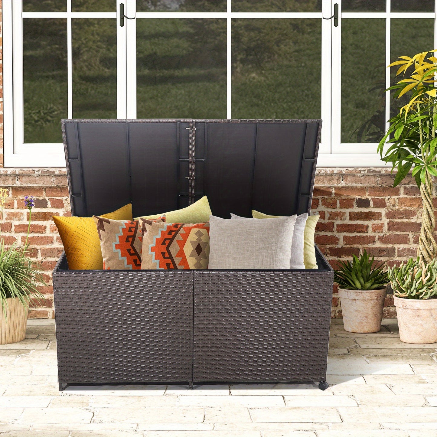 Patio 175 Gallon Rattan Wicker Storage Deck Box Container Wheels W/Liner Garden