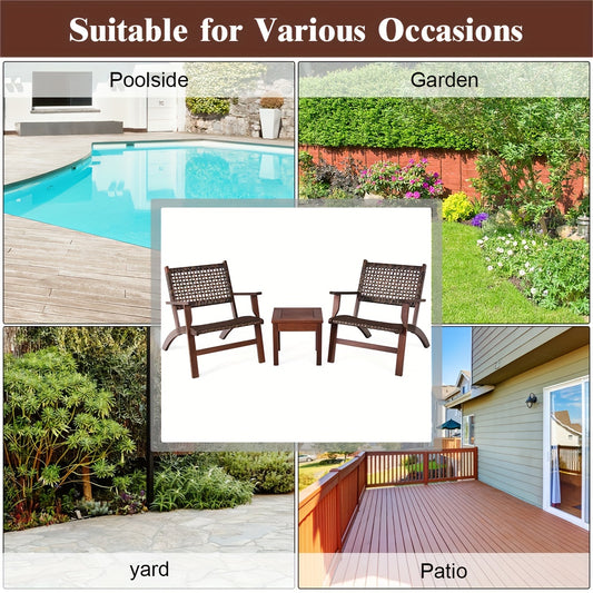 3pcs Outdoor Patio Rattan Furniture Set, Solid Wood Frame Chair And Coffee Table