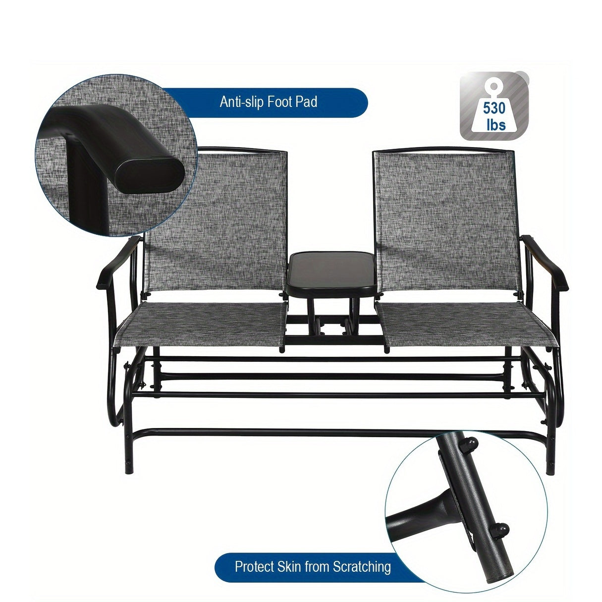 Patio Bench Glider Chair With Metal Frame, Center Tempered Glass Table, Outside Double Rocking Swing Loveseat For Porch, Garden, Poolside, Balcony, Lawn Rocker Outdoor Glider Bench (Gray)