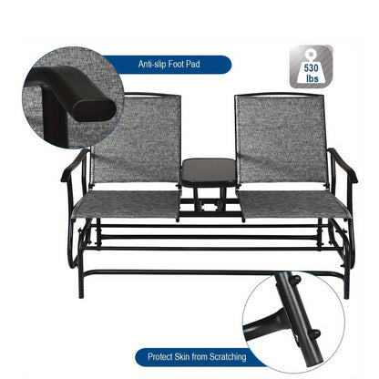 Patio Bench Glider Chair With Metal Frame, Center Tempered Glass Table, Outside Double Rocking Swing Loveseat For Porch, Garden, Poolside, Balcony, Lawn Rocker Outdoor Glider Bench (Gray)