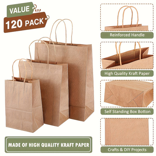 135pcs Bulk Kraft Paper Bags in 3 Sizes - Heavy-Duty Brown Gift Bags with Sturdy Twine-Like Rope Handles, Natural Beige Kraft Paper for Christmas, Business, Retail & Everyday Packaging - Versatile Multipurpose Merchandise Bags