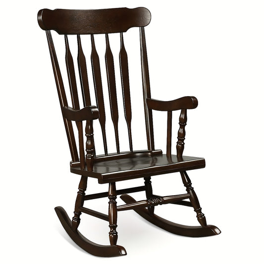 1pc Traditional Solid Wood Rocking Chair, Porch Rocker With Glossy Coffee Finish, Indoor/Outdoor Comfortable Seating, 300 Lbs Weight Capacity, 46.5" Height