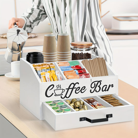 1pc Rustic Black Wooden Coffee Bar Organizer with Drawer - Multi-Compartment Countertop Storage for Coffee Pods, Condiments & Accessories, Includes Shelf Baskets, Perfect for Kitchen & Dining Decor, Coffee Bar Accessories